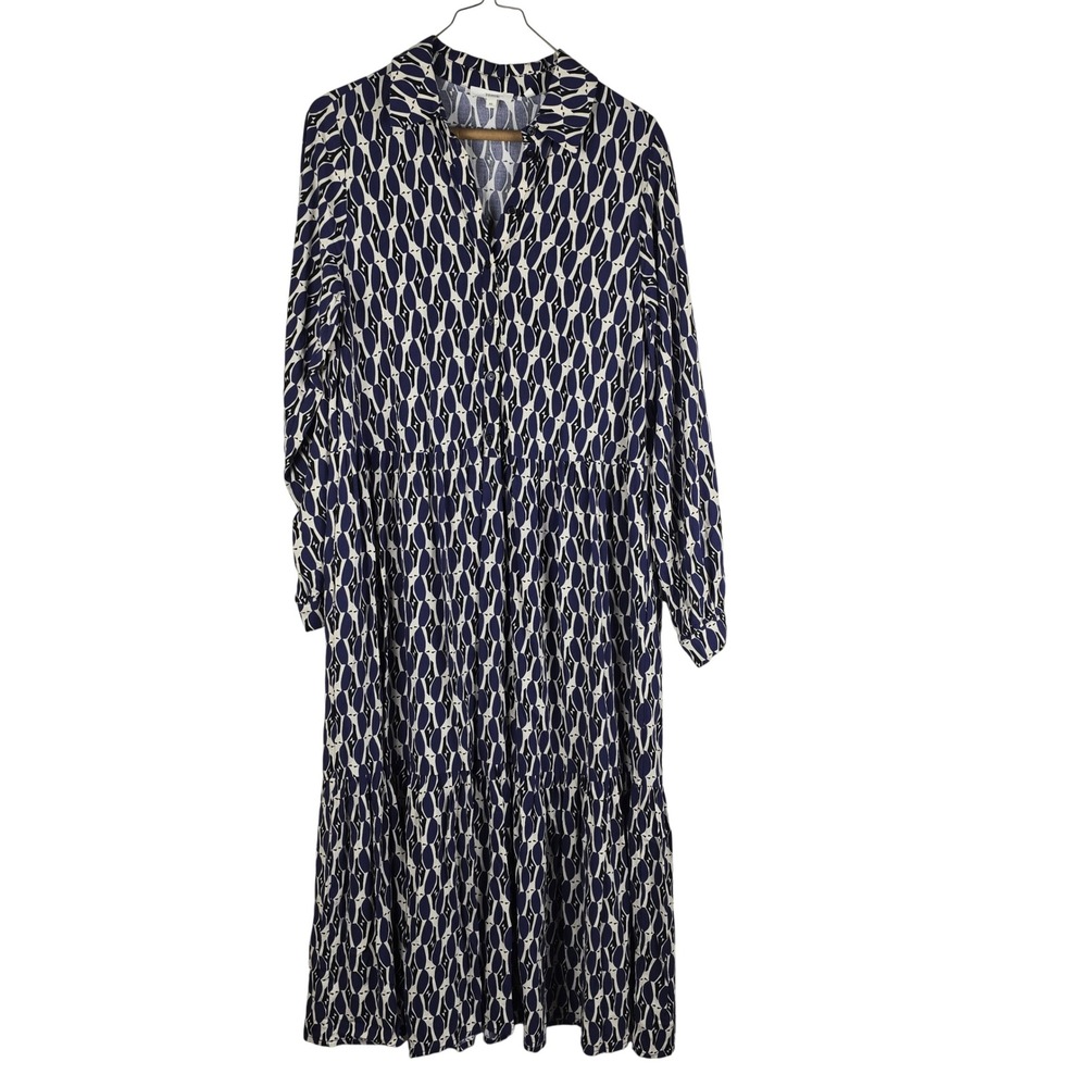 YERSE Navy Blue Geometric Print Shirt Dress Long Sleeve‎ Midi XS ECOVERO Boho